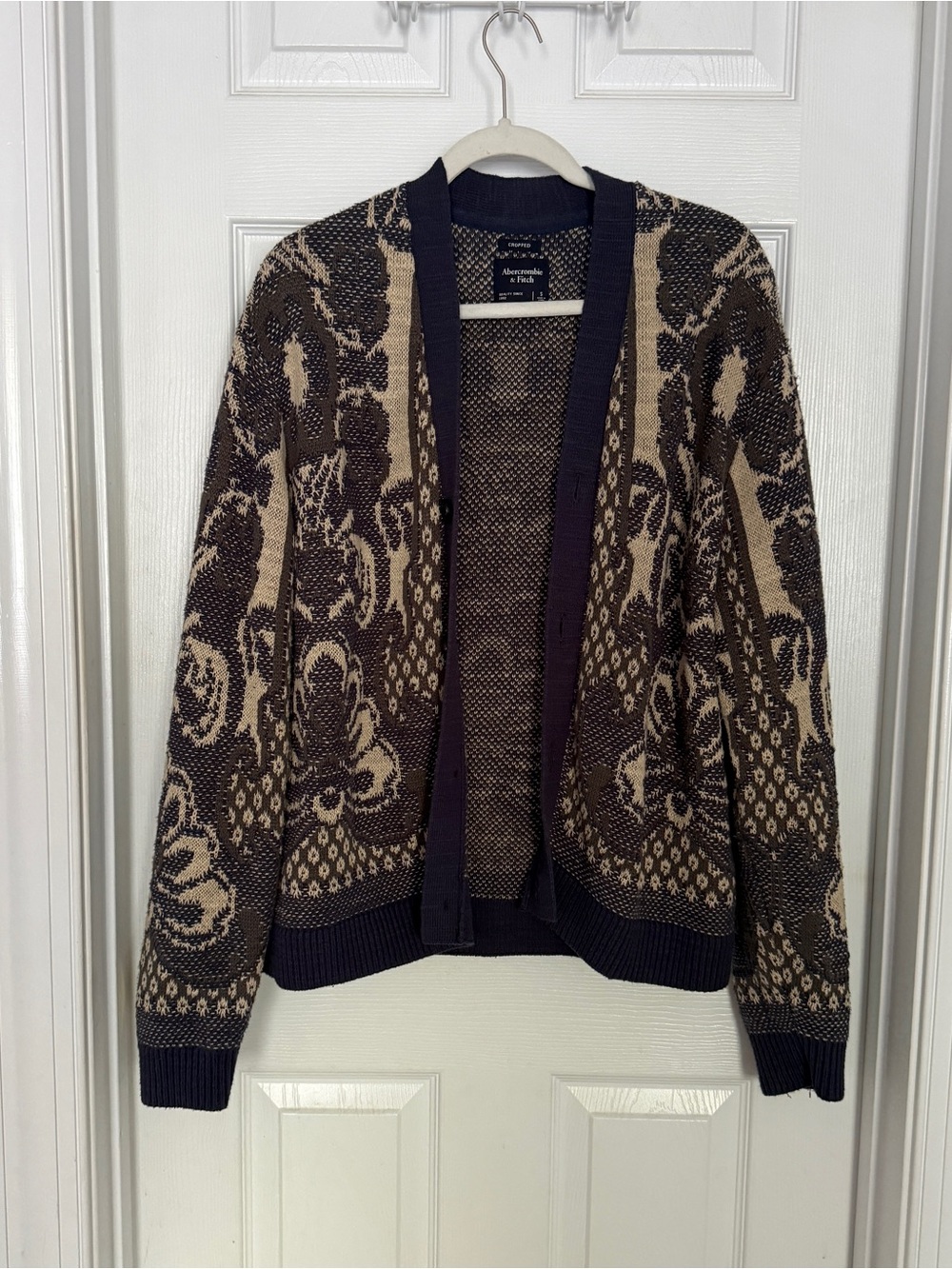 Abercrombie & Fitch Brown and Cream Patterned Open-Front Cardigan